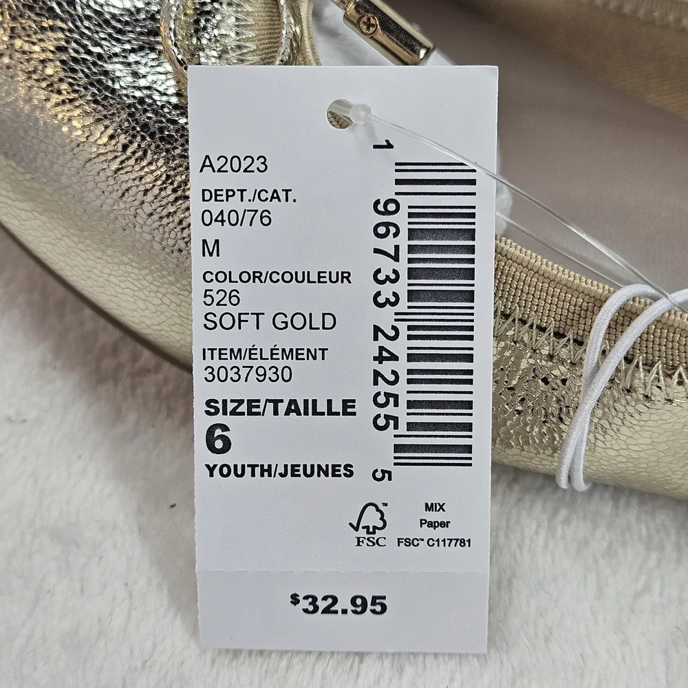 The Children’s Place Girls Ballet Flats Gold Bow Slip-On Shoes Youth 6 NEW